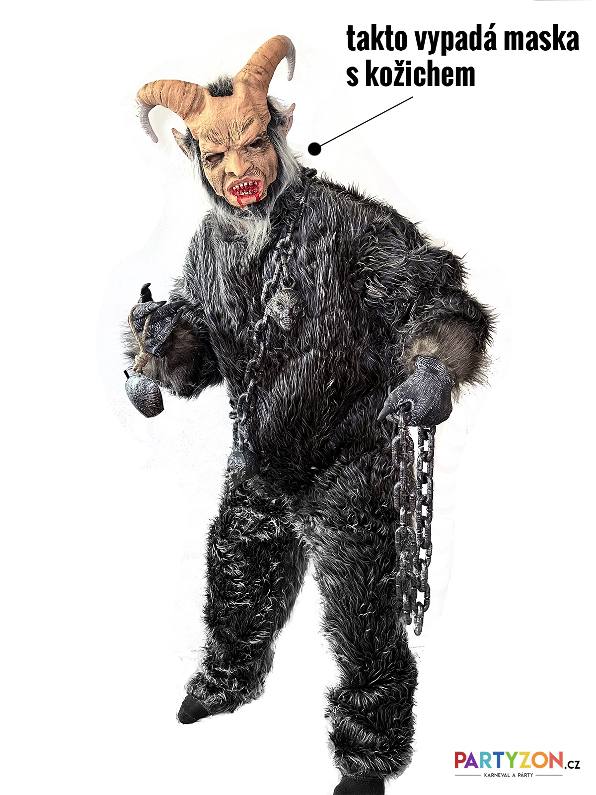 maska krampus šedý s velkymi rohy
